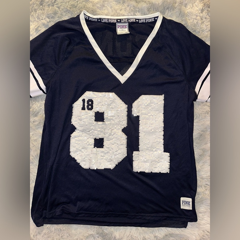 Victoria's Secret Pink Navy UCONN Jersey w/White Sequins V-Neck - EUC Medium